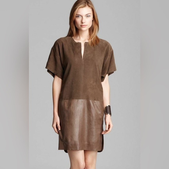 Vince Size XS Brown Green Genuine Leather V-Neck Shift Dress Pockets - Picture 1 of 8